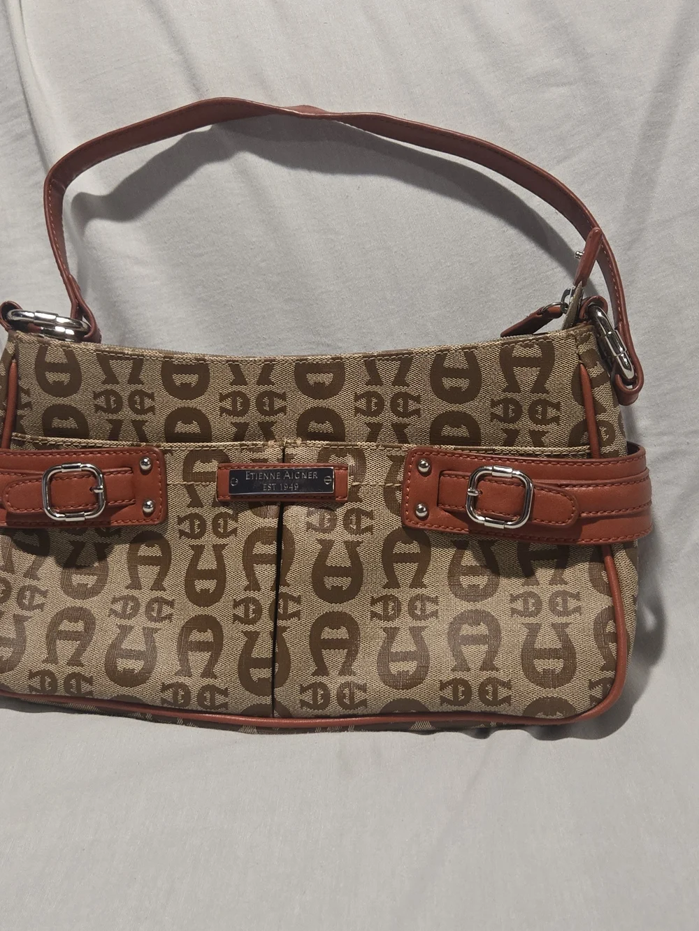 Etienne Aigner Vintage Y2K Monogram Canvas Baguette Shoulder Bag Leather Trim